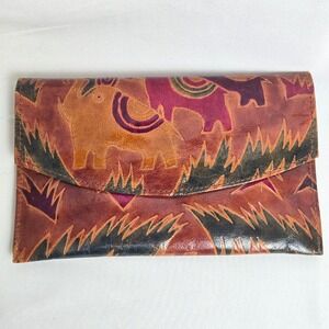 Vintage 1996 MTC Genuine Leather Elephant Wallet, Boho Artsy, India, 7.5"x 4.75"